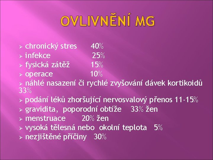 OVLIVNĚNÍ MG chronický stres 40% Ø infekce 25% Ø fysická zátěž 15% Ø operace
