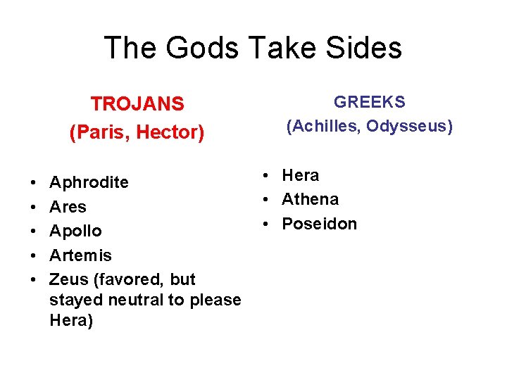 The Gods Take Sides TROJANS (Paris, Hector) • • • Aphrodite Ares Apollo Artemis