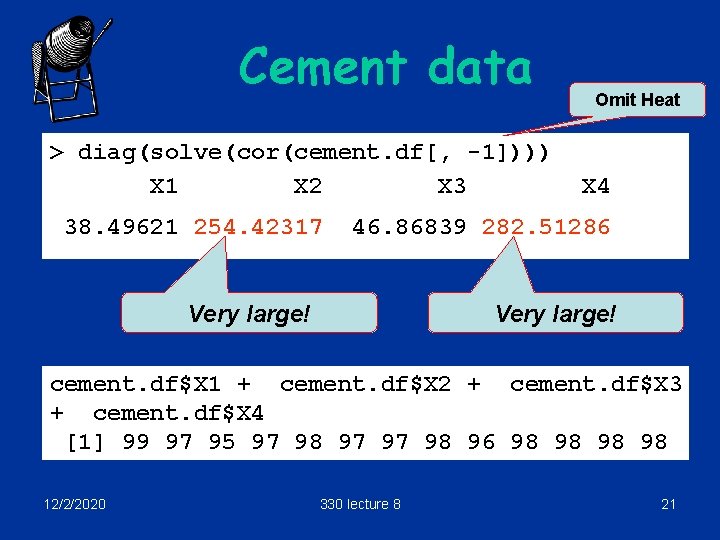 Cement data > diag(solve(cor(cement. df[, -1]))) X 1 X 2 X 3 38. 49621