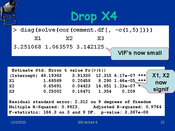 Drop X 4 > diag(solve(cor(cement. df[, -c(1, 5)]))) X 1 X 2 X 3