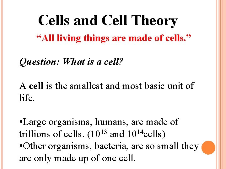 Cells and Cell Theory “All living things are made of cells. ” Question: What