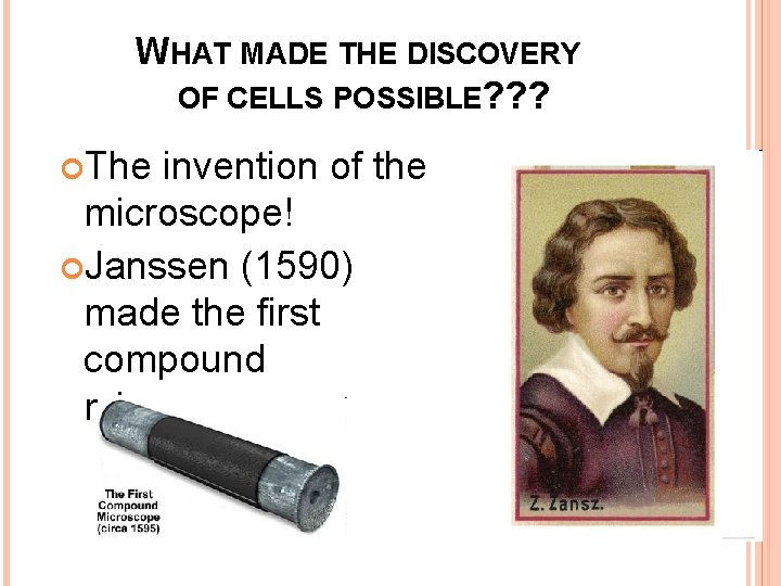 WHAT MADE THE DISCOVERY OF CELLS POSSIBLE? ? ? The invention of the microscope!