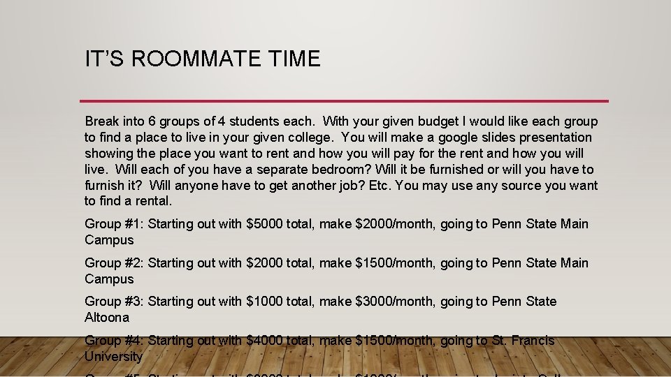 IT’S ROOMMATE TIME Break into 6 groups of 4 students each. With your given