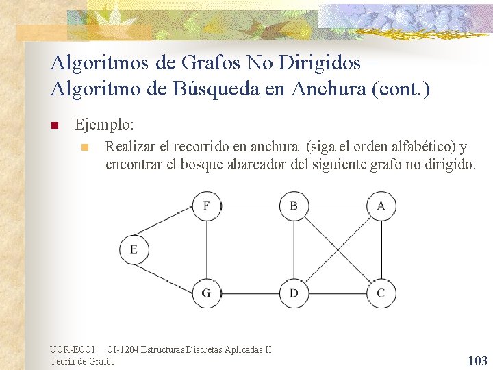 Algoritmos de Grafos No Dirigidos – Algoritmo de Búsqueda en Anchura (cont. ) n Algoritmos de Grafos No Dirigidos – Algoritmo de Búsqueda en Anchura (cont. ) n