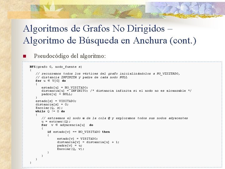 Algoritmos de Grafos No Dirigidos – Algoritmo de Búsqueda en Anchura (cont. ) n Algoritmos de Grafos No Dirigidos – Algoritmo de Búsqueda en Anchura (cont. ) n