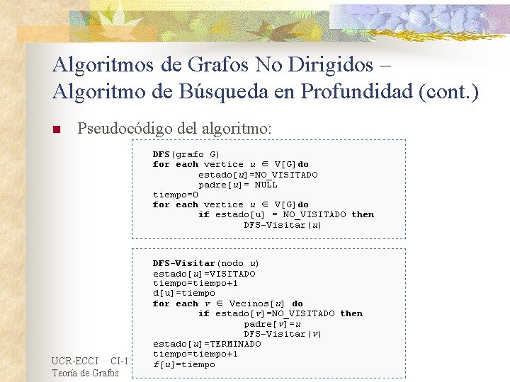 Algoritmos de Grafos No Dirigidos – Algoritmo de Búsqueda en Profundidad (cont. ) n Algoritmos de Grafos No Dirigidos – Algoritmo de Búsqueda en Profundidad (cont. ) n