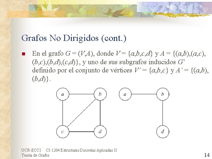 Grafos No Dirigidos (cont. ) n En el grafo G = (V, A), donde Grafos No Dirigidos (cont. ) n En el grafo G = (V, A), donde