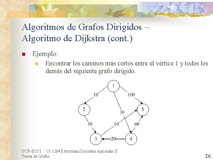 Algoritmos de Grafos Dirigidos – Algoritmo de Dijkstra (cont. ) n Ejemplo: n Encontrar Algoritmos de Grafos Dirigidos – Algoritmo de Dijkstra (cont. ) n Ejemplo: n Encontrar