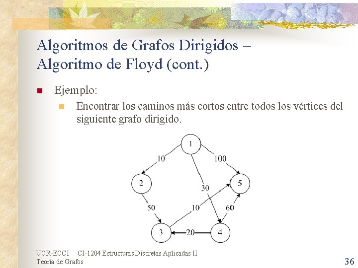 Algoritmos de Grafos Dirigidos – Algoritmo de Floyd (cont. ) n Ejemplo: n Encontrar Algoritmos de Grafos Dirigidos – Algoritmo de Floyd (cont. ) n Ejemplo: n Encontrar