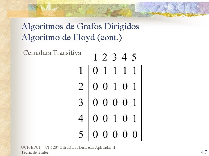 Algoritmos de Grafos Dirigidos – Algoritmo de Floyd (cont. ) Cerradura Transitiva UCR-ECCI CI-1204 Algoritmos de Grafos Dirigidos – Algoritmo de Floyd (cont. ) Cerradura Transitiva UCR-ECCI CI-1204