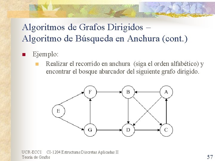 Algoritmos de Grafos Dirigidos – Algoritmo de Búsqueda en Anchura (cont. ) n Ejemplo: Algoritmos de Grafos Dirigidos – Algoritmo de Búsqueda en Anchura (cont. ) n Ejemplo: