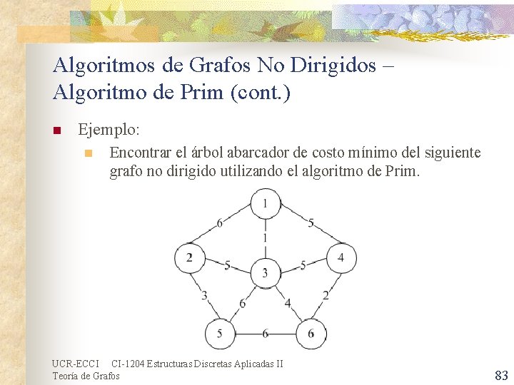 Algoritmos de Grafos No Dirigidos – Algoritmo de Prim (cont. ) n Ejemplo: n Algoritmos de Grafos No Dirigidos – Algoritmo de Prim (cont. ) n Ejemplo: n