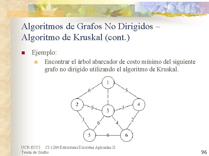 Algoritmos de Grafos No Dirigidos – Algoritmo de Kruskal (cont. ) n Ejemplo: n Algoritmos de Grafos No Dirigidos – Algoritmo de Kruskal (cont. ) n Ejemplo: n