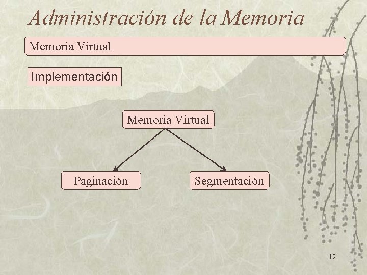 Administración de la Memoria Virtual Implementación Memoria Virtual Paginación Segmentación 12 