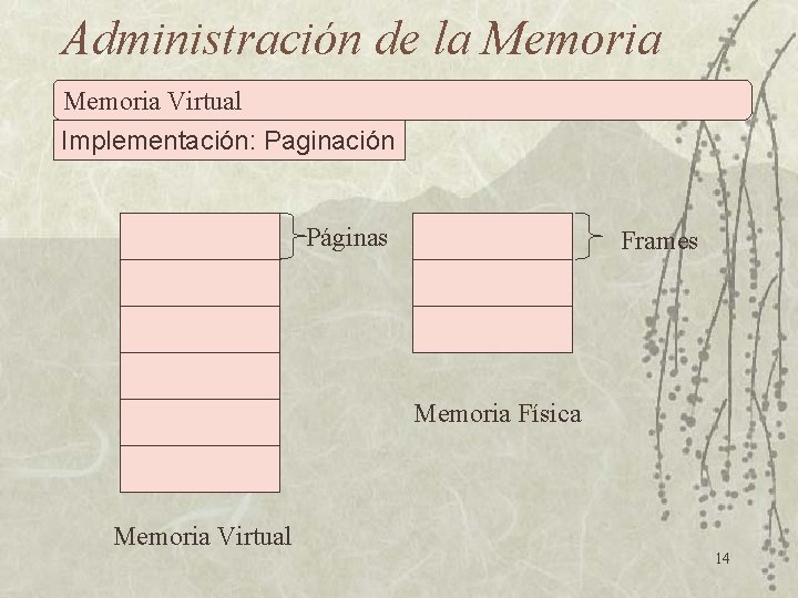 Administración de la Memoria Virtual Implementación: Paginación Páginas Frames Memoria Física Memoria Virtual 14