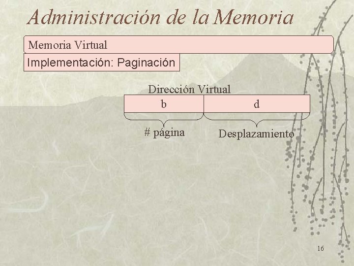 Administración de la Memoria Virtual Implementación: Paginación Dirección Virtual b # página d Desplazamiento