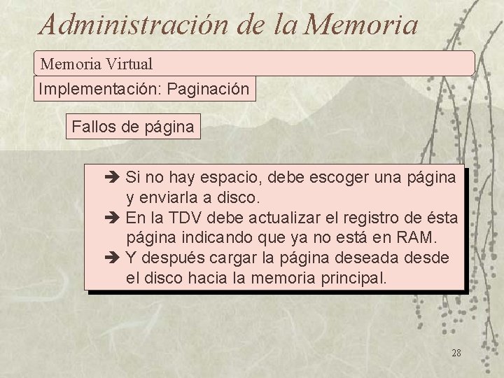 Administración de la Memoria Virtual Implementación: Paginación Fallos de página Si no hay espacio,