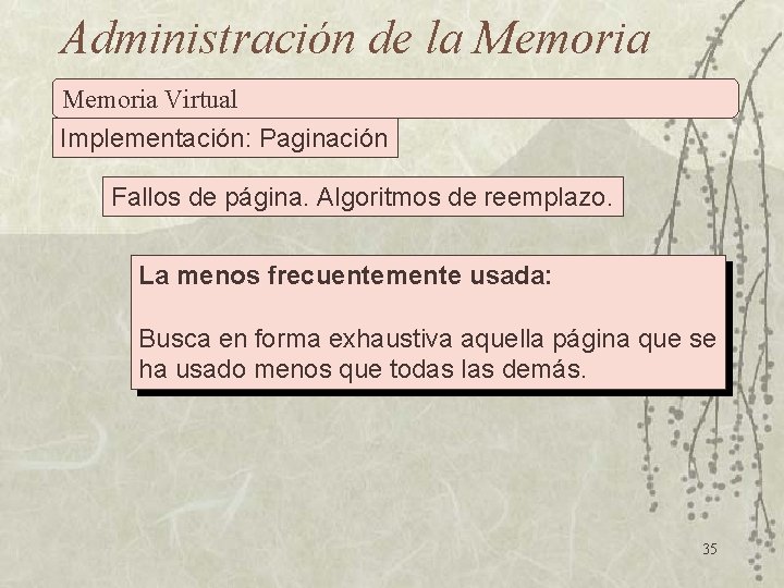 Administración de la Memoria Virtual Implementación: Paginación Fallos de página. Algoritmos de reemplazo. La