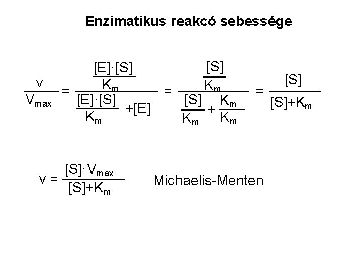 Enzimatikus reakcó sebessége v Vmax [E]·[S] Km = [E]·[S] +[E] Km [S]·Vmax v= [S]+Km