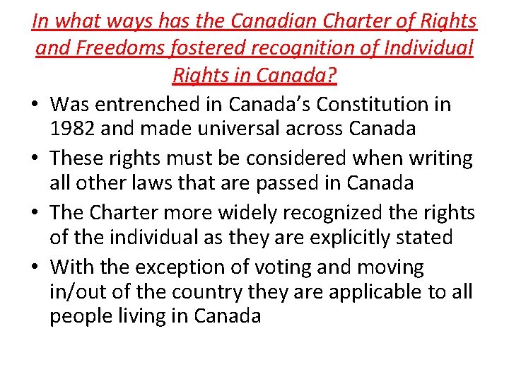 In what ways has the Canadian Charter of Rights and Freedoms fostered recognition of