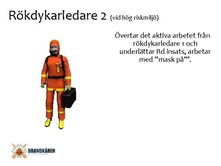 Rökdykarledare 2 (vid hög riskmiljö) Övertar det aktiva arbetet från rökdykarledare 1 och underlättar