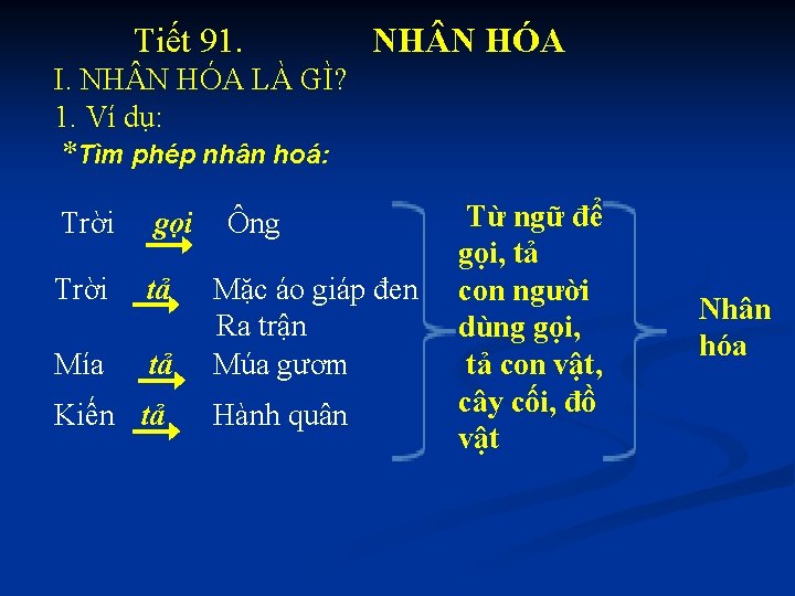 Tiết 91. NH N HÓA I. NH N HÓA LÀ GÌ? 1. Ví dụ: