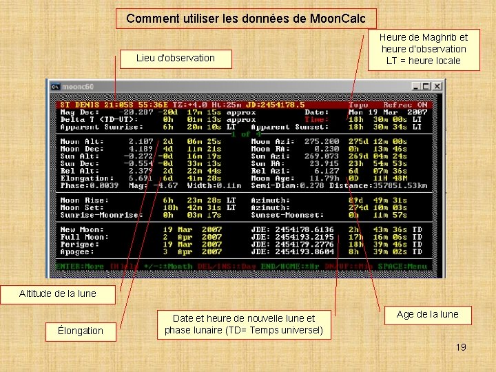 Comment utiliser les données de Moon. Calc Lieu d’observation Heure de Maghrib et heure