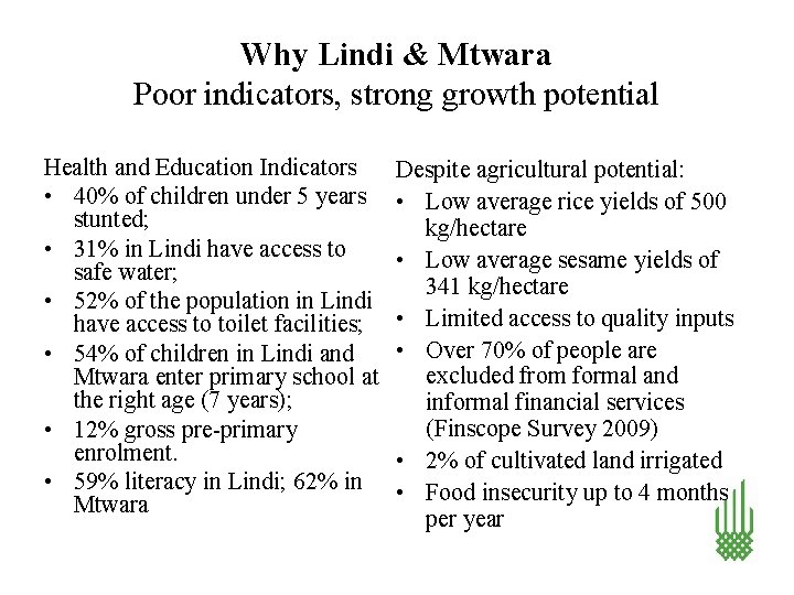 Why Lindi & Mtwara Poor indicators, strong growth potential Health and Education Indicators •