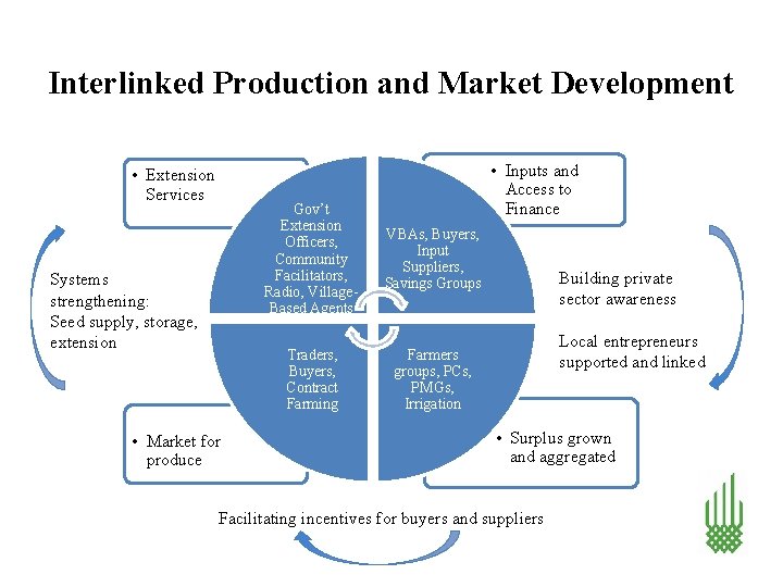 Interlinked Production and Market Development • Extension Services Systems strengthening: Seed supply, storage, extension