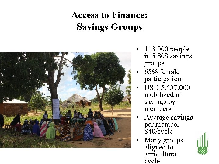 Access to Finance: Savings Groups • 113, 000 people in 5, 808 savings groups