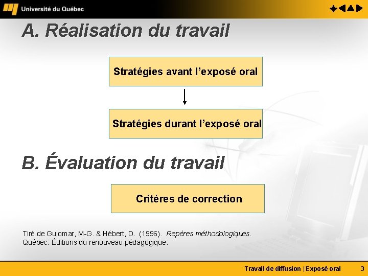 A. Réalisation du travail Stratégies avant l’exposé oral Stratégies durant l’exposé oral B. Évaluation