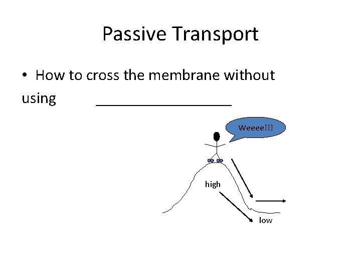 Passive Transport • How to cross the membrane without using _________ Weeee!!! high low