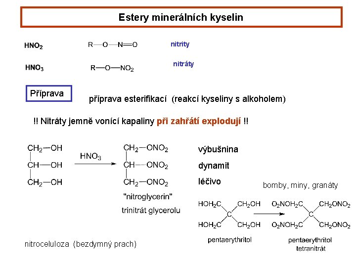 Estery minerálních kyselin nitrity nitráty Příprava příprava esterifikací (reakcí kyseliny s alkoholem) !! Nitráty Estery minerálních kyselin nitrity nitráty Příprava příprava esterifikací (reakcí kyseliny s alkoholem) !! Nitráty