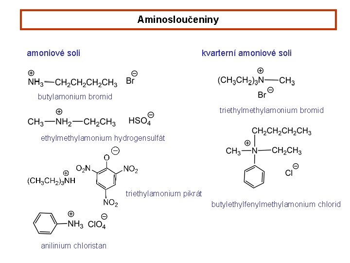 Aminosloučeniny amoniové soli kvarterní amoniové soli butylamonium bromid triethylmethylamonium bromid ethylmethylamonium hydrogensulfát triethylamonium pikrát Aminosloučeniny amoniové soli kvarterní amoniové soli butylamonium bromid triethylmethylamonium bromid ethylmethylamonium hydrogensulfát triethylamonium pikrát