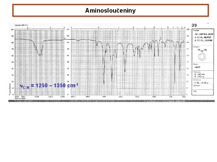 Aminosloučeniny n. C-N = 1250 – 1350 cm-1 Aminosloučeniny n. C-N = 1250 – 1350 cm-1