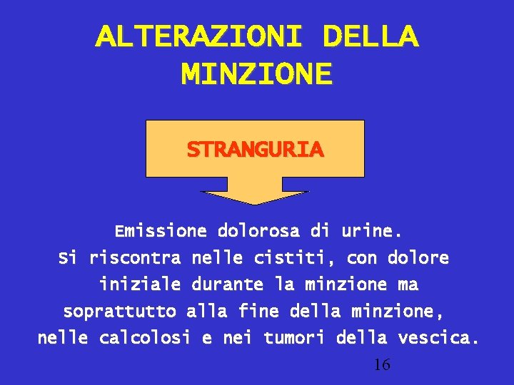 ALTERAZIONI DELLA MINZIONE STRANGURIA Emissione dolorosa di urine. Si riscontra nelle cistiti, con dolore