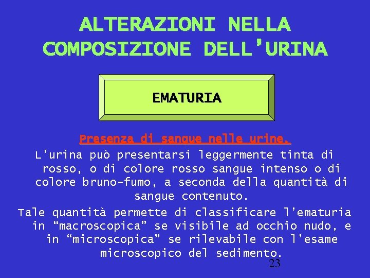 ALTERAZIONI NELLA COMPOSIZIONE DELL’URINA EMATURIA Presenza di sangue nelle urine. L’urina può presentarsi leggermente