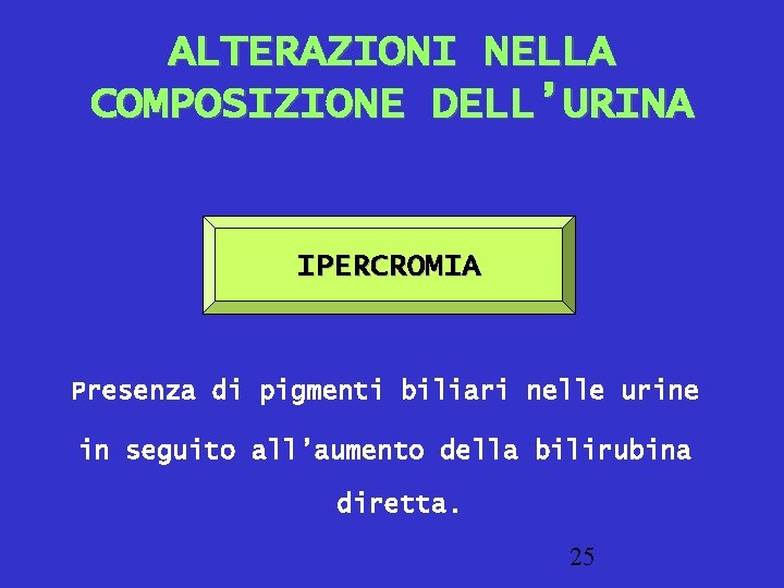 ALTERAZIONI NELLA COMPOSIZIONE DELL’URINA IPERCROMIA Presenza di pigmenti biliari nelle urine in seguito all’aumento