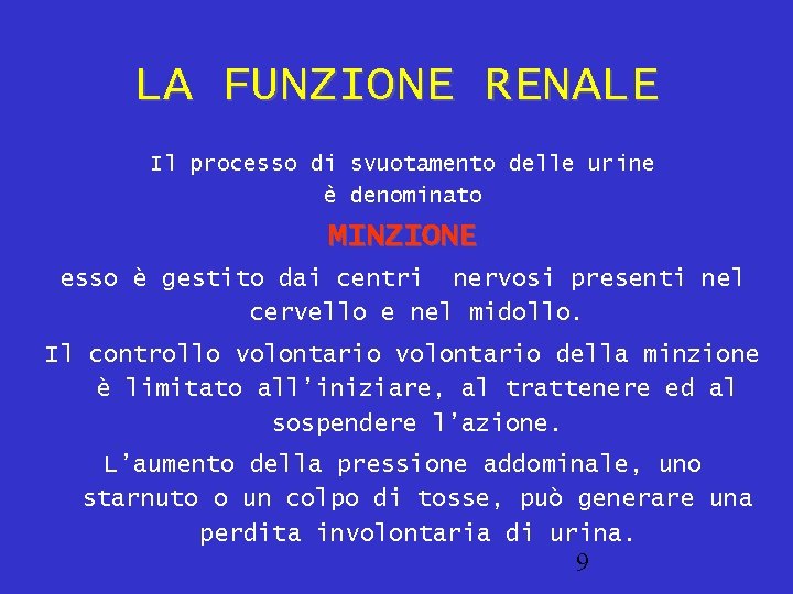 LA FUNZIONE RENALE Il processo di svuotamento delle urine è denominato MINZIONE esso è
