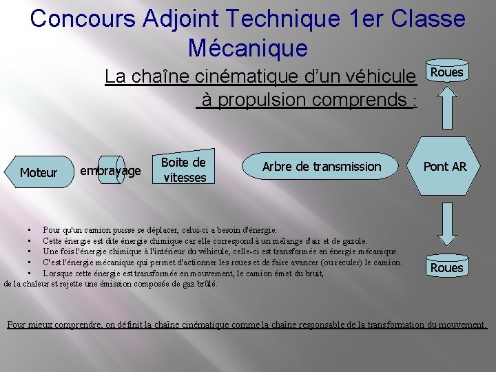 Concours Adjoint Technique 1 er Classe Mécanique La chaîne cinématique d’un véhicule à propulsion