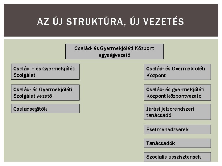 AZ ÚJ STRUKTÚRA, ÚJ VEZETÉS Család- és Gyermekjóléti Központ egységvezető Család – és Gyermekjóléti