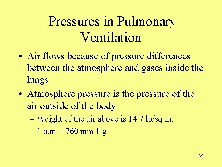  Pressures in Pulmonary Ventilation • Air flows because of pressure differences between the