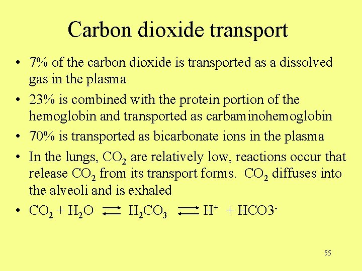 Carbon dioxide transport • 7% of the carbon dioxide is transported as a dissolved