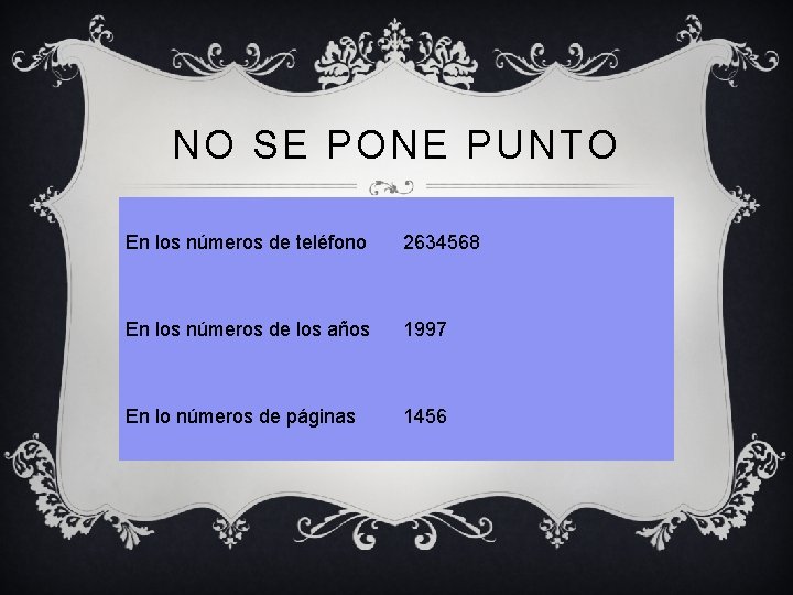 NO SE PONE PUNTO En los números de teléfono 2634568 En los números de