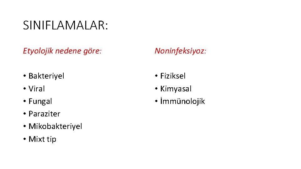 SINIFLAMALAR: Etyolojik nedene göre: Noninfeksiyoz: • Bakteriyel • Viral • Fungal • Paraziter •