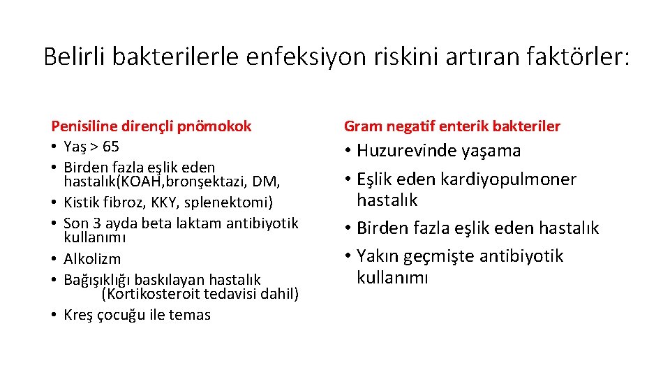 Belirli bakterilerle enfeksiyon riskini artıran faktörler: Penisiline dirençli pnömokok • Yaş > 65 •