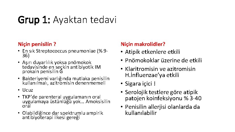 Grup 1: Ayaktan tedavi Niçin penisilin ? • En sık Streptococcus pneumoniae (% 936)