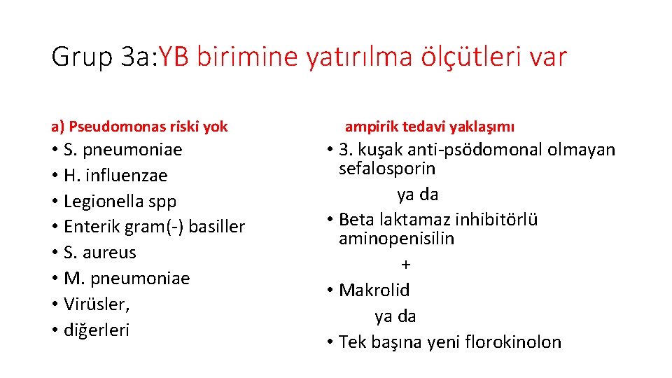 Grup 3 a: YB birimine yatırılma ölçütleri var a) Pseudomonas riski yok • S.