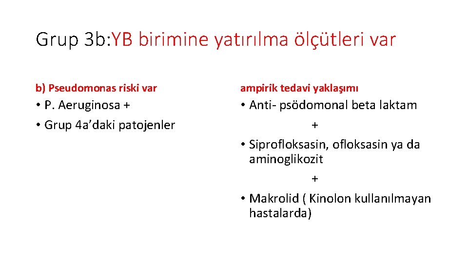 Grup 3 b: YB birimine yatırılma ölçütleri var b) Pseudomonas riski var ampirik tedavi