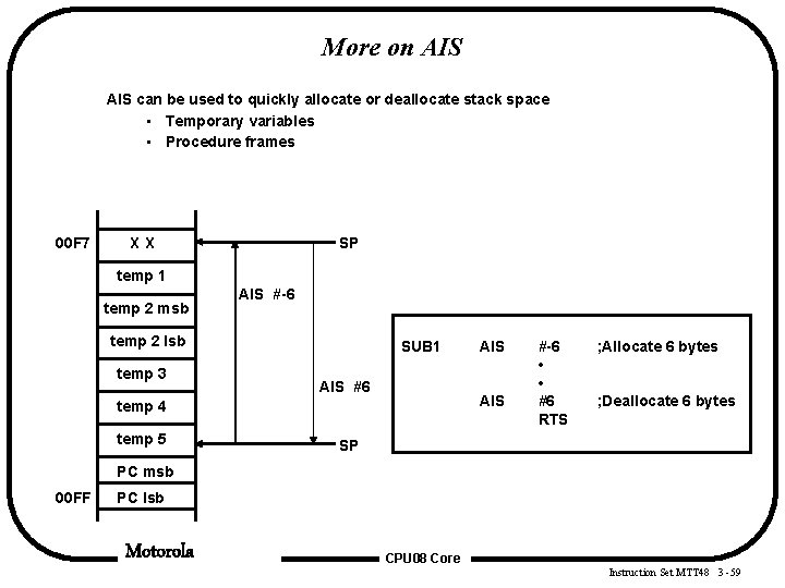 More on AIS can be used to quickly allocate or deallocate stack space • More on AIS can be used to quickly allocate or deallocate stack space •